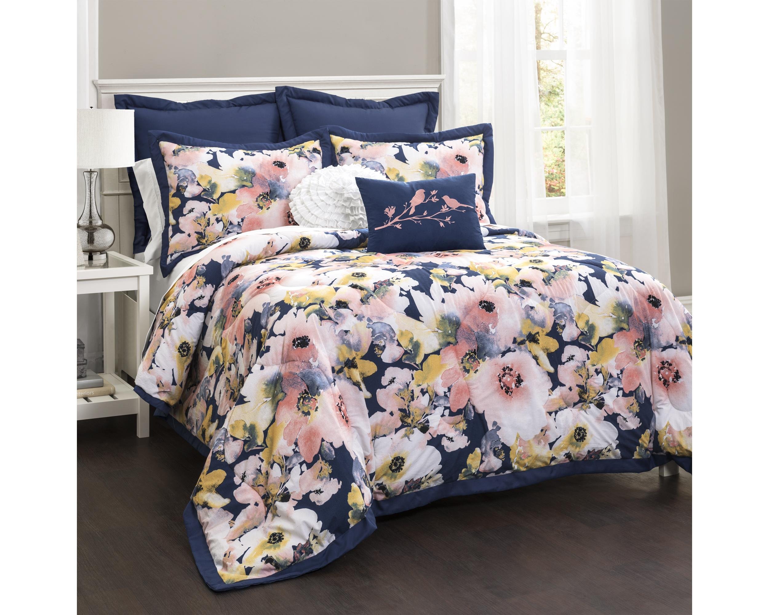 Lush Decor 16t000748花柄水彩7piece掛け布団セット、フル/クイーン、ブルー