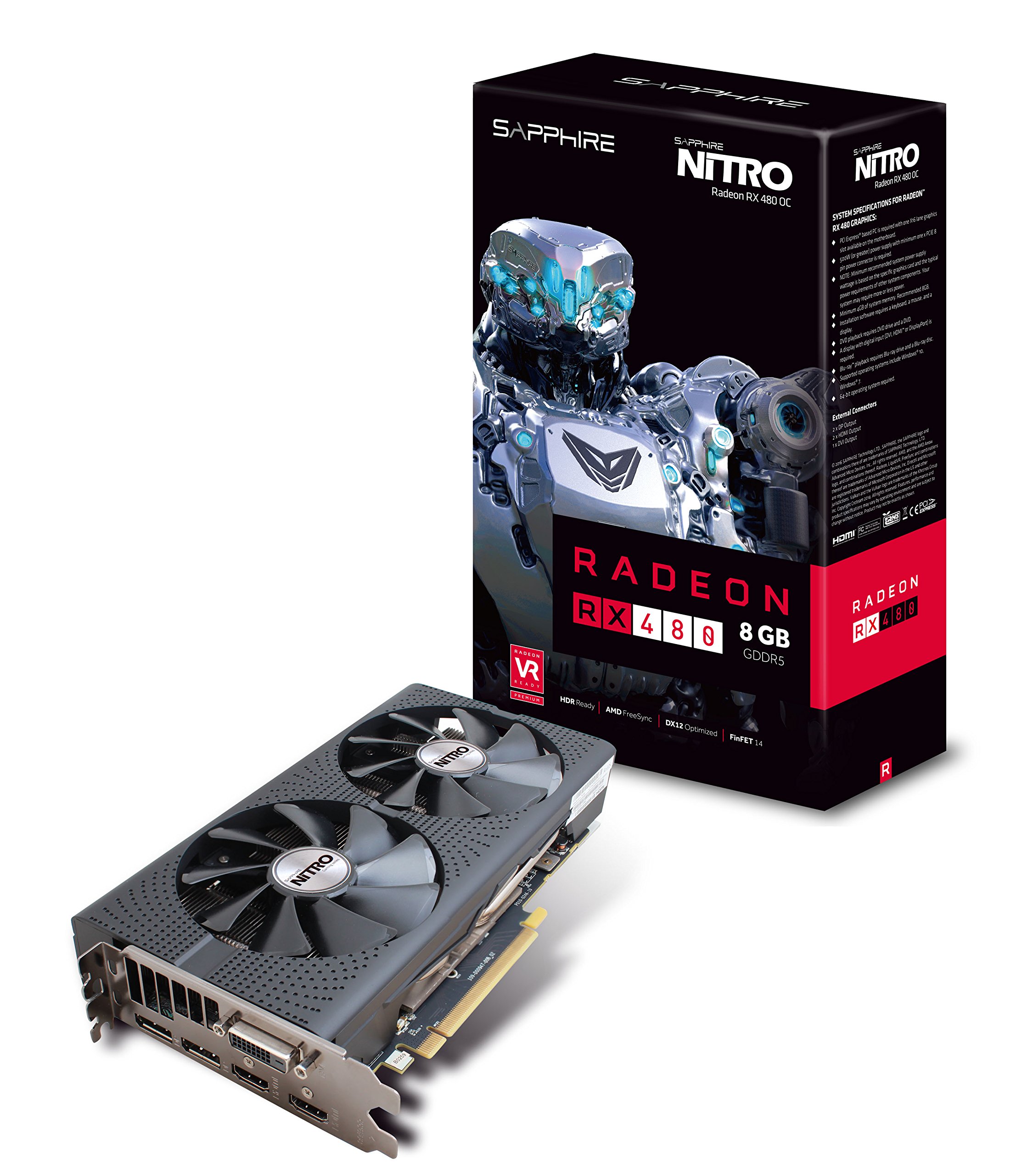 Sapphire Radeon Nitro Rx 480 8GB GDDR5 デュアル HDMI/DVI-D/Dual DP OC バックプレート付き (UEFI) PCI-E グラフィックカード グラフィックカード 11260-20-20G