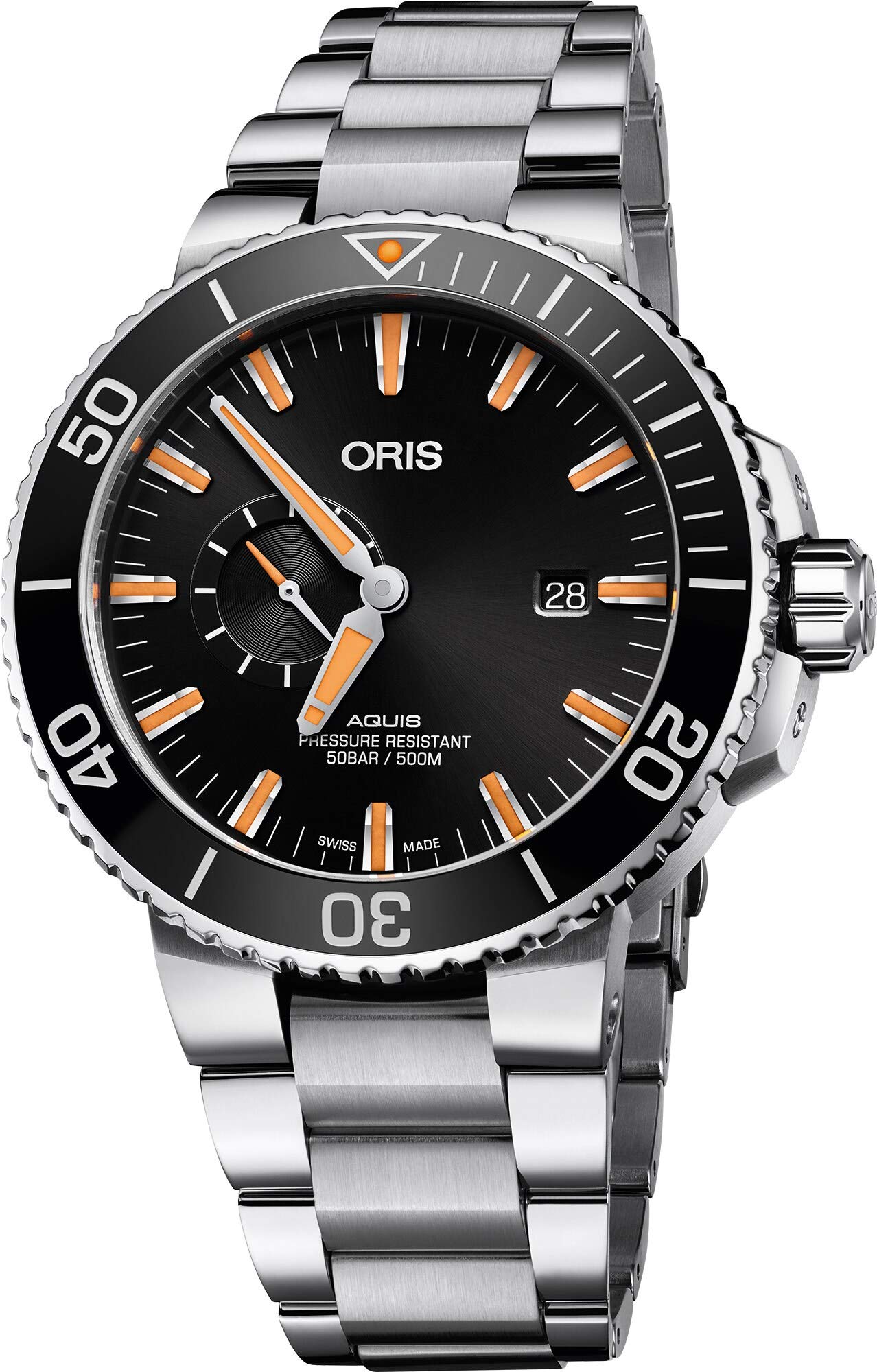 Oris Aquis スモールセコンドデイト メンズ ステンレススチール 自動ダイバーウォッチ - 45mm アナログ ブラックフェイス 500M 防水 ダイブウォッチ - メタルバンド スイス ラグジュアリー ダイビングウォッチ メンズ 743 7733 4159