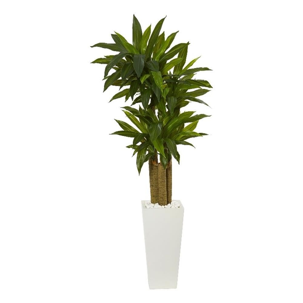 ほぼ天然造花 5フィート Cornstalk Dracaena ホワイトプランター植物 グリーン
