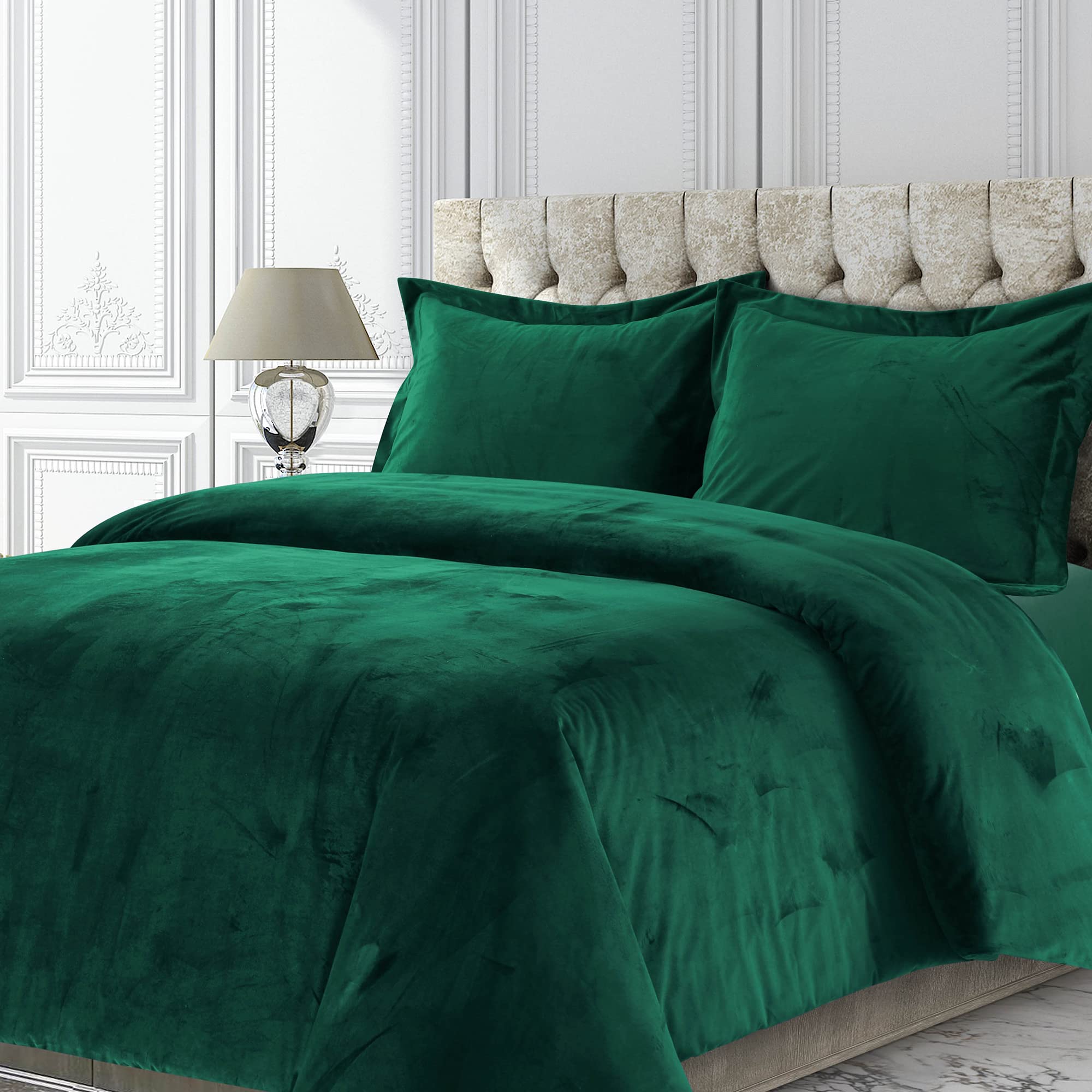 Tribeca Living VENICEDUVET ヴェネツィアベルベットオーバーサイズソリッド羽毛布団セット、クイーン3点、エメラルドグリーン