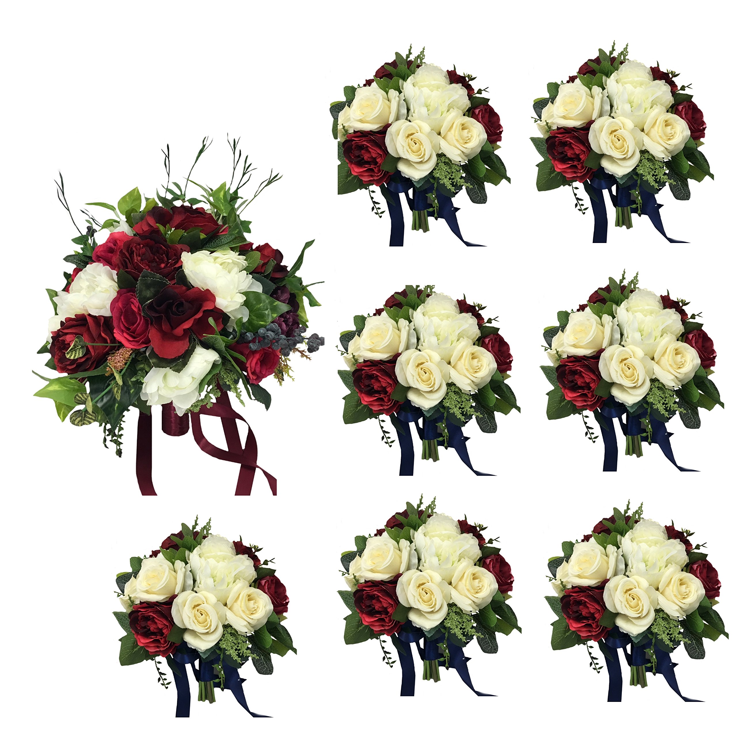 エレガントなウェディングパッケージ: LargeブライダルBouquet with 7ブライズメイドBouquets Burgundy..