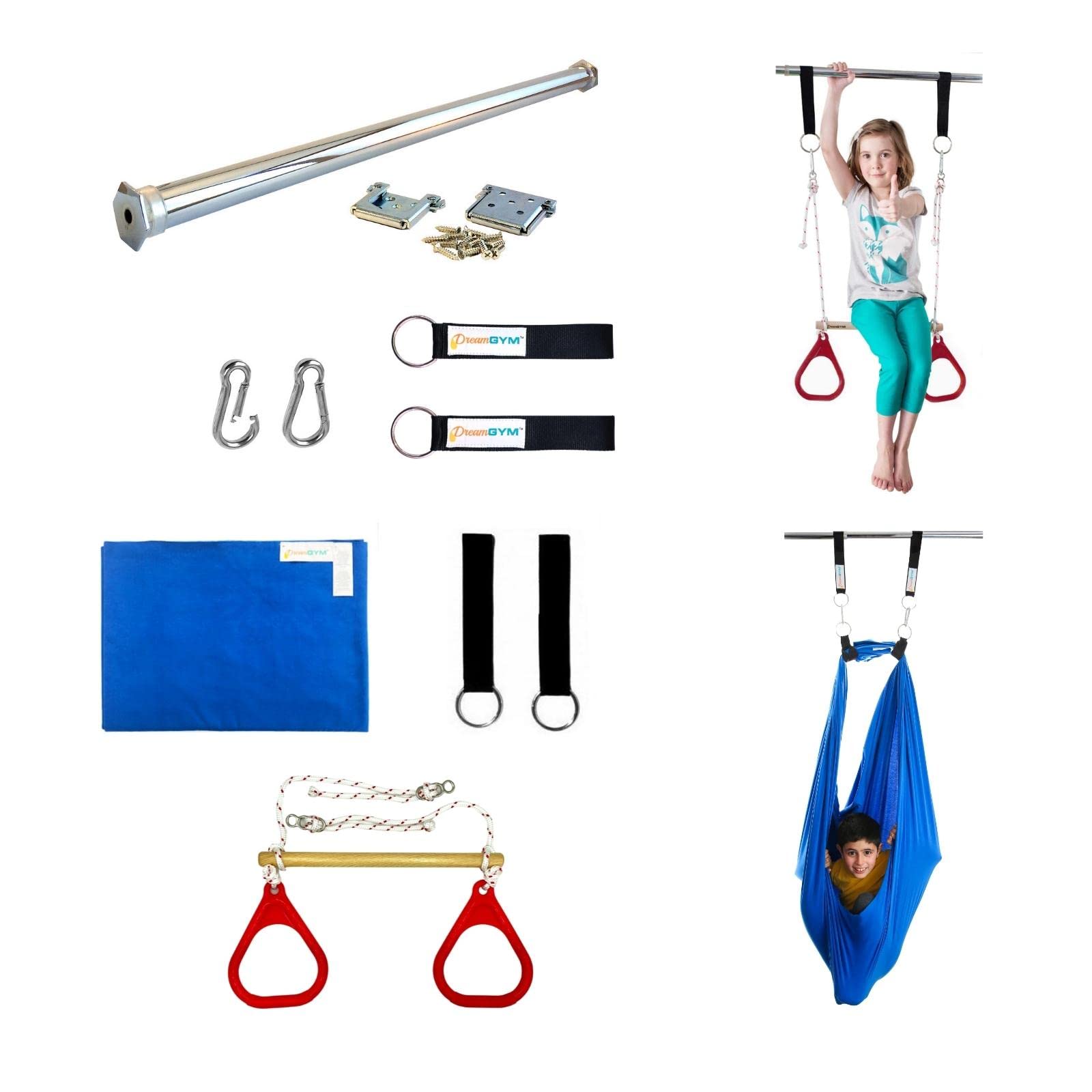 Indoor Swing by DreamGYM Trapeze & Rings Combo Blue and Therapy Swing Red