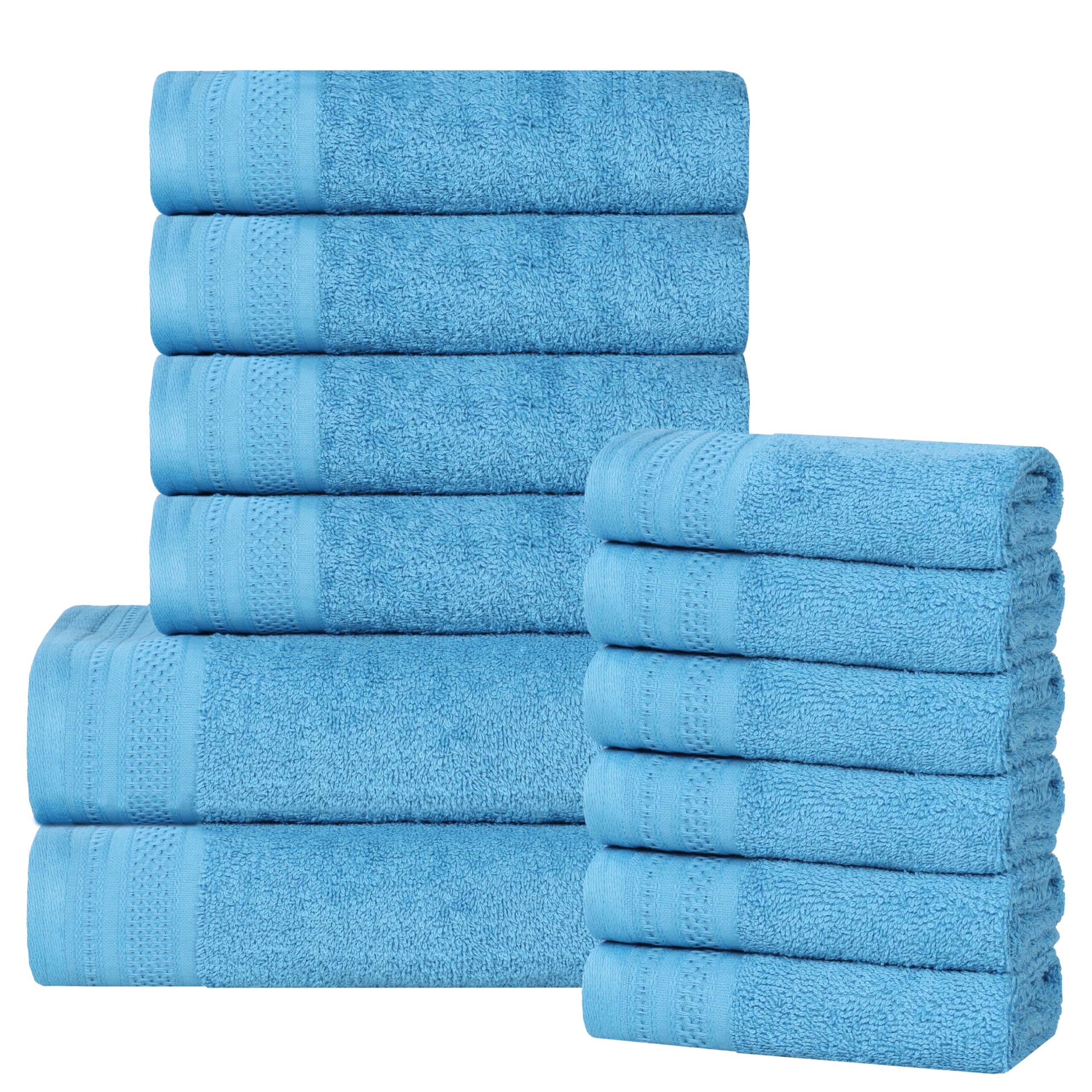 100% Combed Cotton Honeycomb 12 PC Jacquard And Solid Towel Set (6 face+4 hand+2 bath) Azure