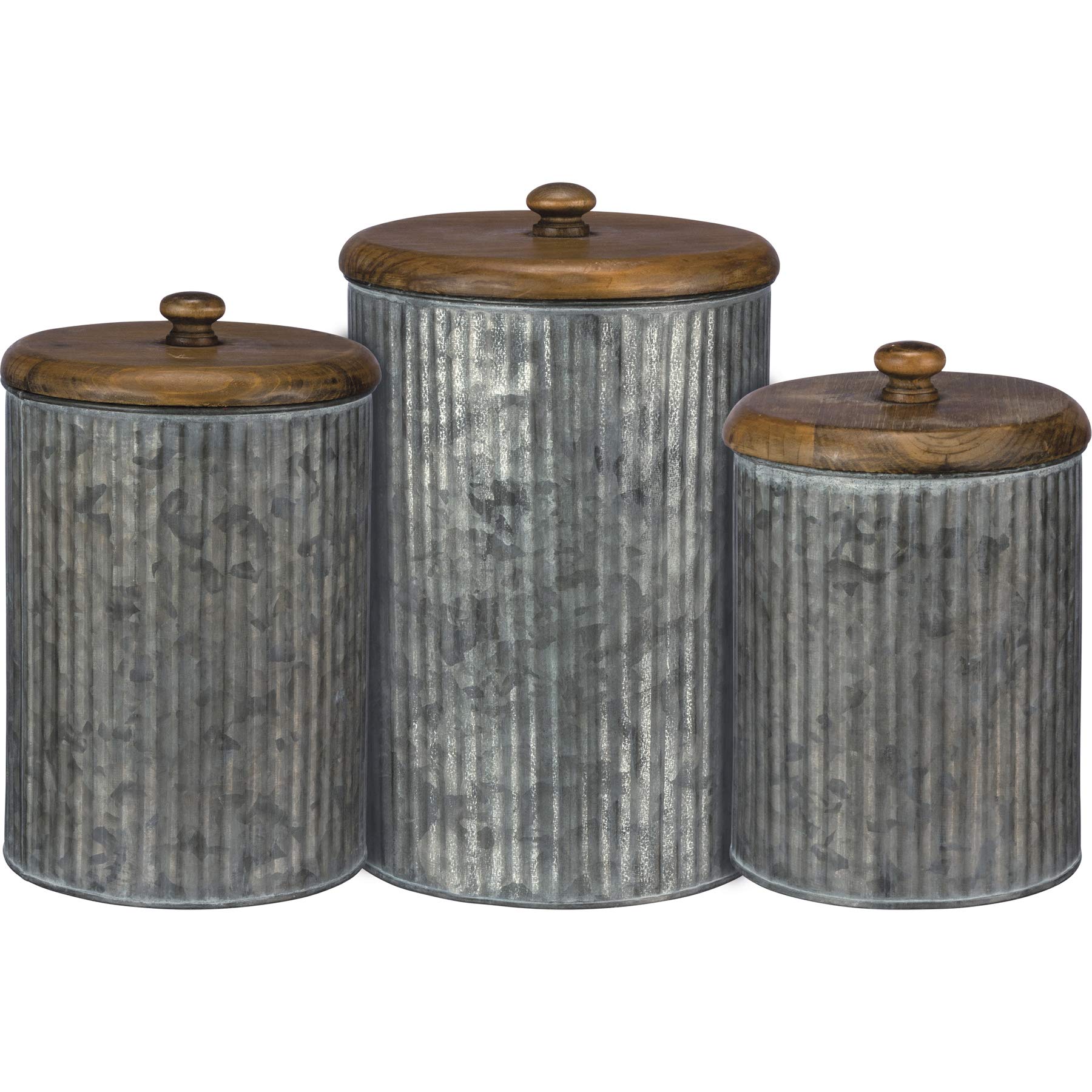 素朴なアンティーク調メタルのセット3 Tin Canisters with木製蓋