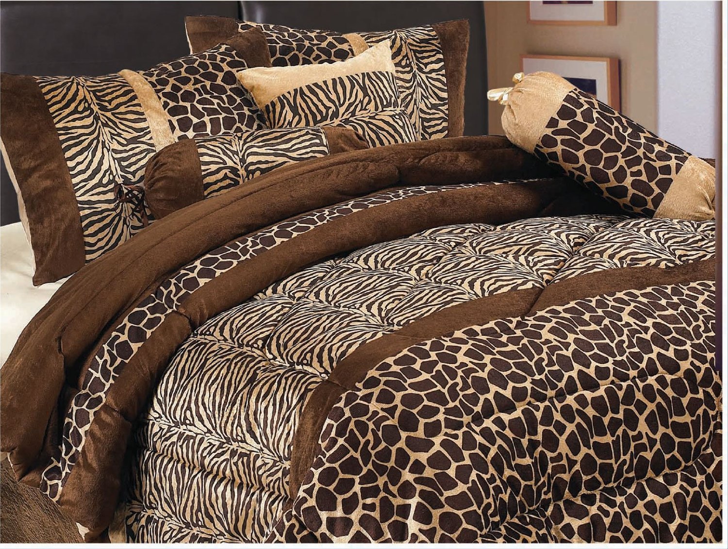 grandlinenブラウンサファリBed in aバッグAnimal Print Zebra Giraffe掛け布団セットツイン、フル、クイーン、キング、一致する(カリフォルニア) CalキングサイズMicroファー寝具、カーテン クイーン ブラウン
