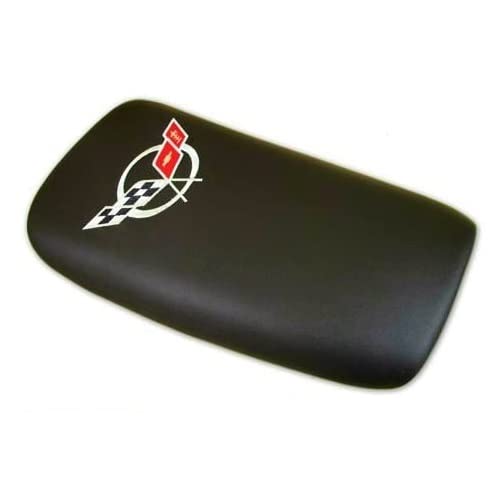 C5 コルベット センターコンソールパッドリッド ブラックレザー シルバークロスフラッグ刺繍エンブレム 97~04コルベットすべてに適合