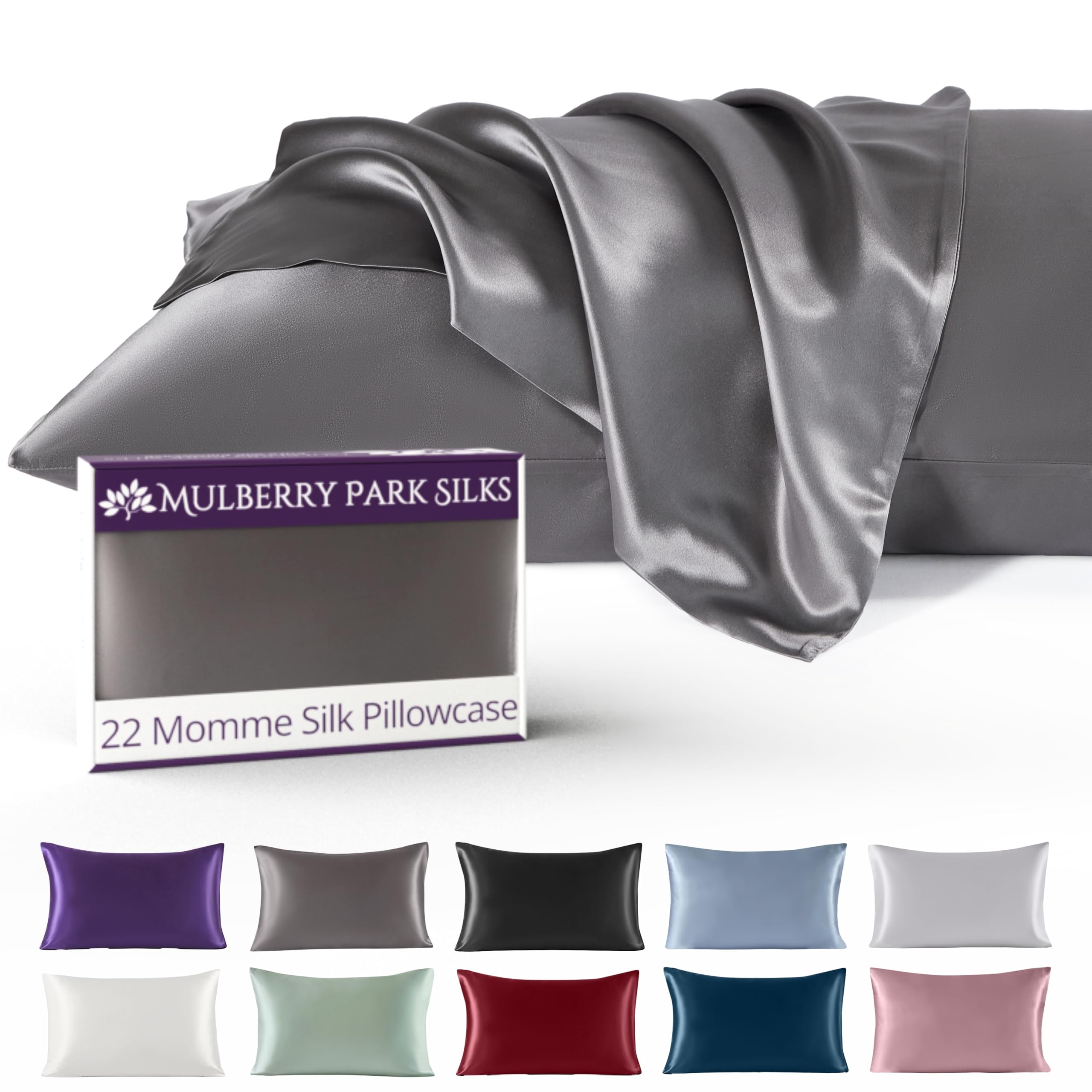 Mulberry Park 22匁シルク枕カバー - グレード 6A 純マルベリーシルク枕カバー 髪と肌用 シャルムーズ織り リアルシルク枕カバー 1枚 ガンメタルシルク枕カバー (キング、20インチ x 36インチ)