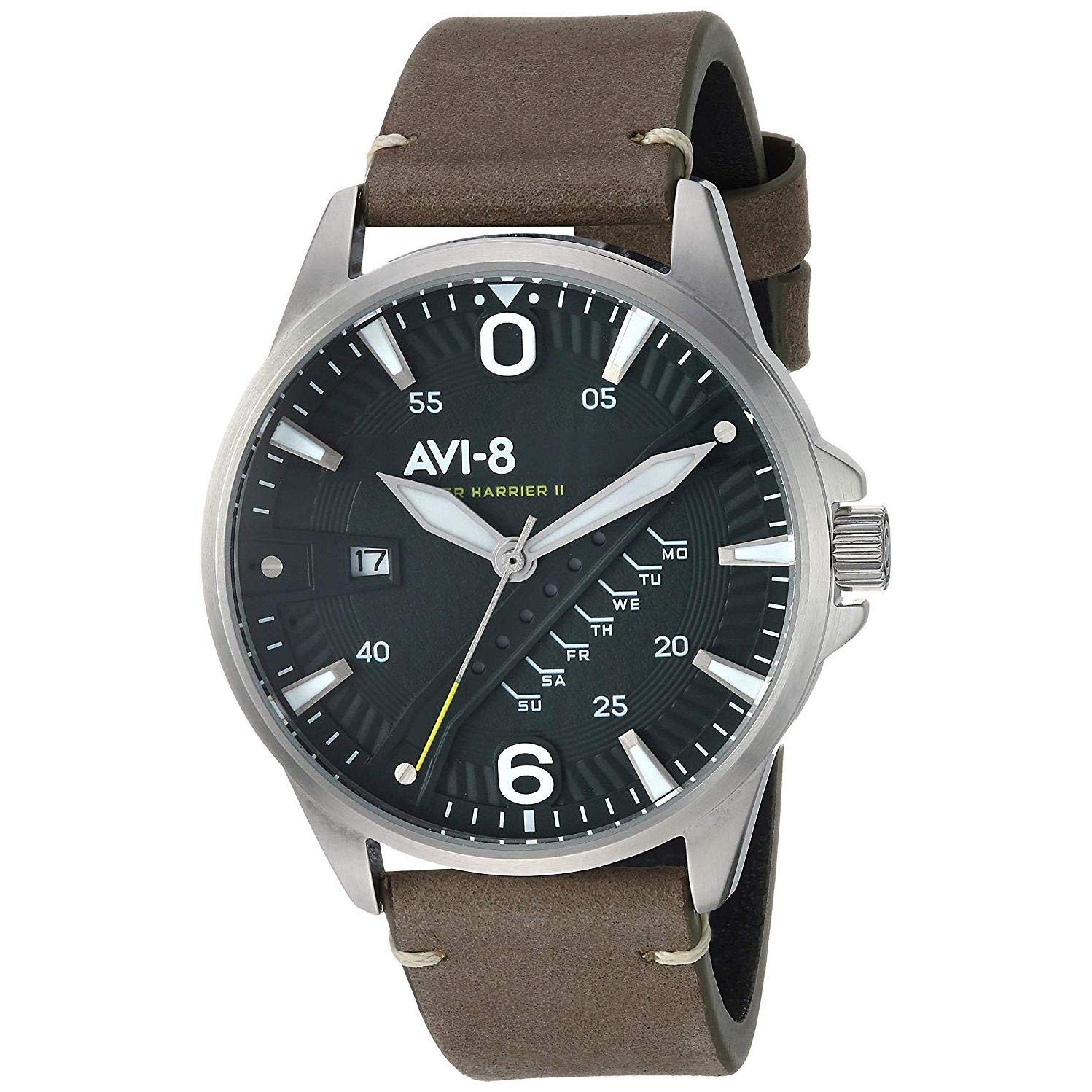 AVI-8 メンズ 「ホーカーハリアーII」クォーツ ステンレススチールとレザー カジュアルウォッチ グリーン