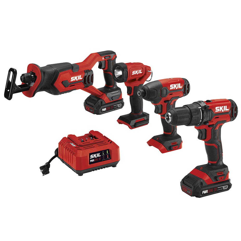 SKIL 4-Tool Kit: 20V Cordless Drill Driver Impact Driver Reciprocating Saw and LED Spotlight Includes Two 2.0Ah Lithium Batteries and One Charger - CB739601 White