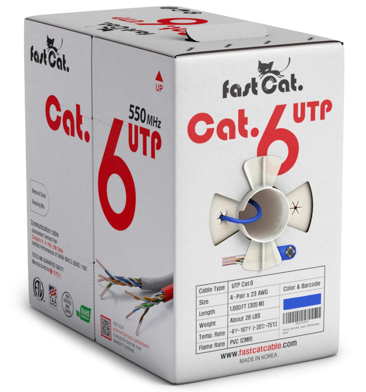 fast Cat.Cat 6イーサネットケーブル1000フィート（305メートル） - ノイズ低減クロスセパレーター付き絶縁裸銅線インターネットケーブル - 550MHz / 10ギガビット速度UTP LANケーブル1000フィート（305メートル） - CMR（青）