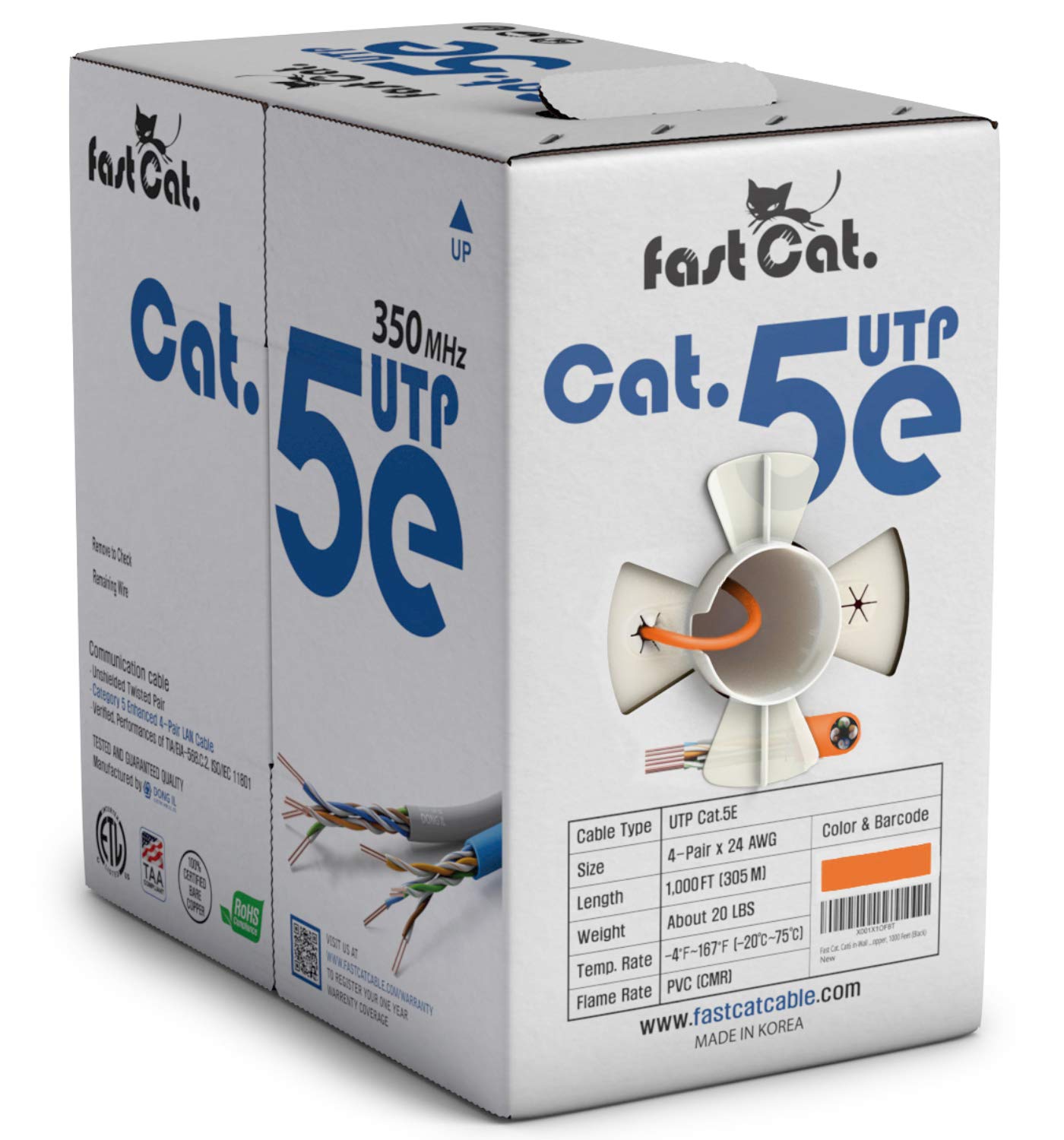 fastCat.Cat 5eイーサネットケーブル1000フィート（305メートル） - FastReel付き絶縁裸銅線インターネットケーブル - 350MHz / ギガビット速度UTP LANケーブル - CMR（オレンジ色）