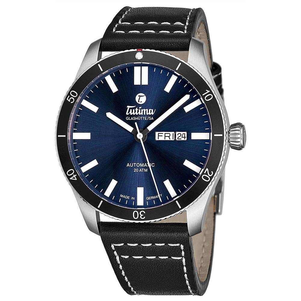 Tutima Men's 44mm Black Calfskin Band Steel Case Automatic Blue Dial Analog Watch 6101-03