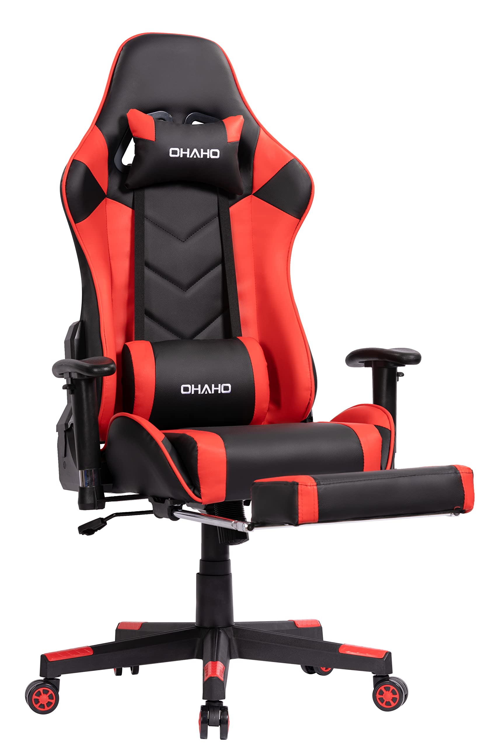 Gaming Chair Racing Style Office Chair Adjustable Massage Lumbar Cushion Swivel Rocker Recliner Leather High Back Ergonomic Computer Desk Chair with Retractable Arms and Footrest (Black/Red)