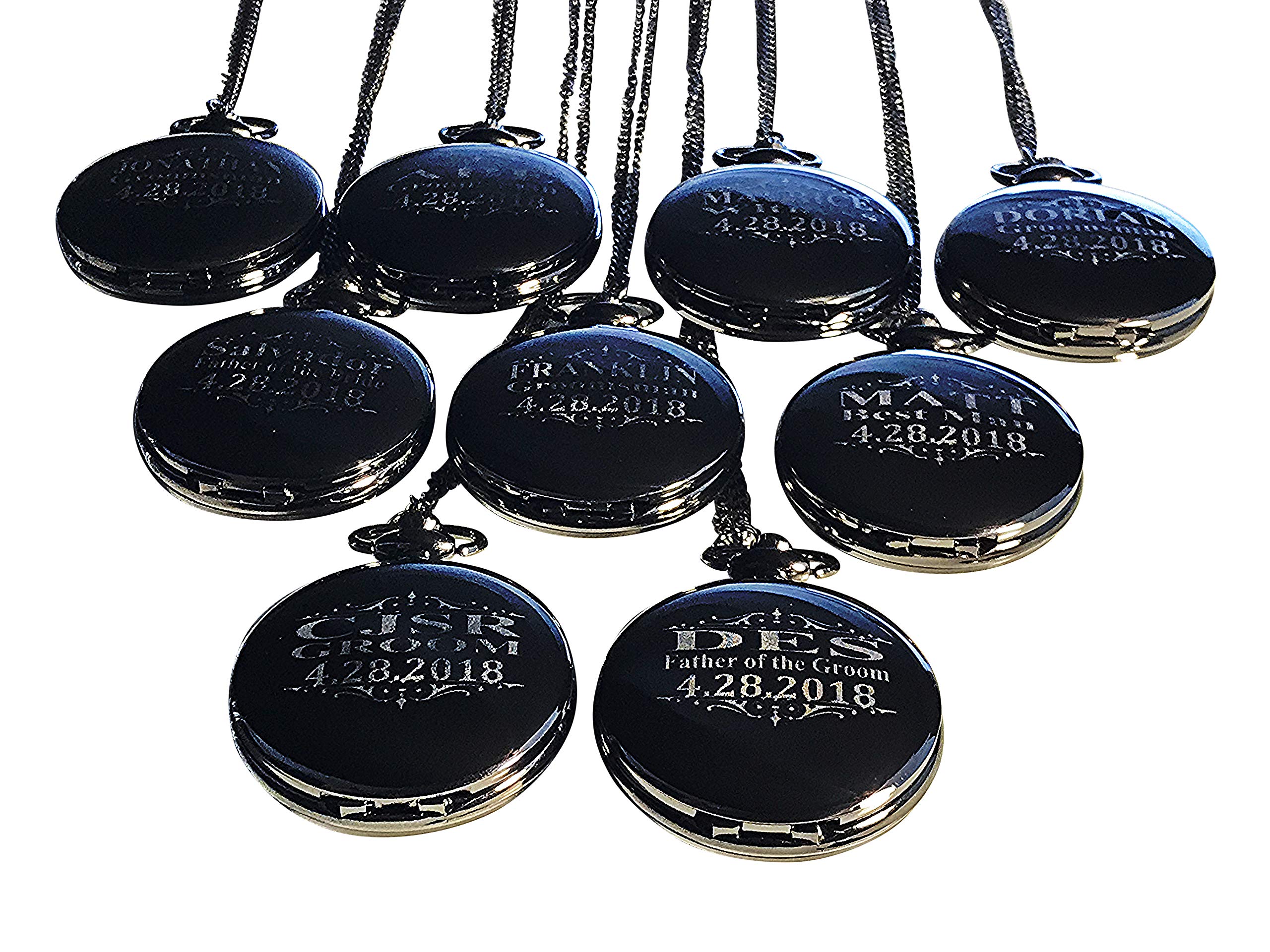 花婿付添人 懐中時計 8個セット チェーン 箱 彫刻入り 4色 8個セット M ブラック
