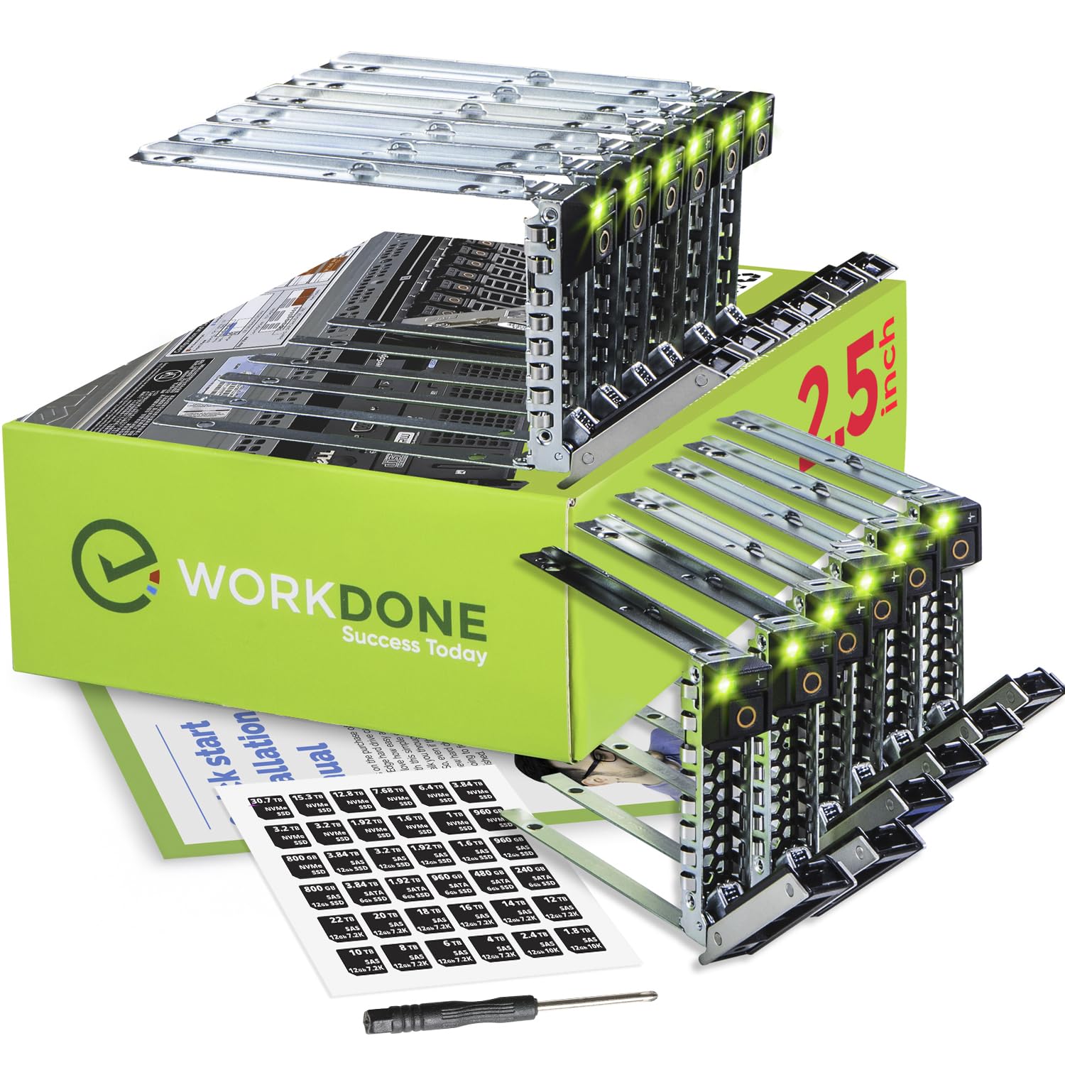 WORKDONE 12個パック 2.5インチドライブキャディ - Dell PowerEdgeサーバーに対応 - 第14世代 R440 R640 R740 R740xd R840 R940 R6415 R750xs XE8545 XC - ステッカーラベル - 明るいLEDトレイ - セットアップマニュアル