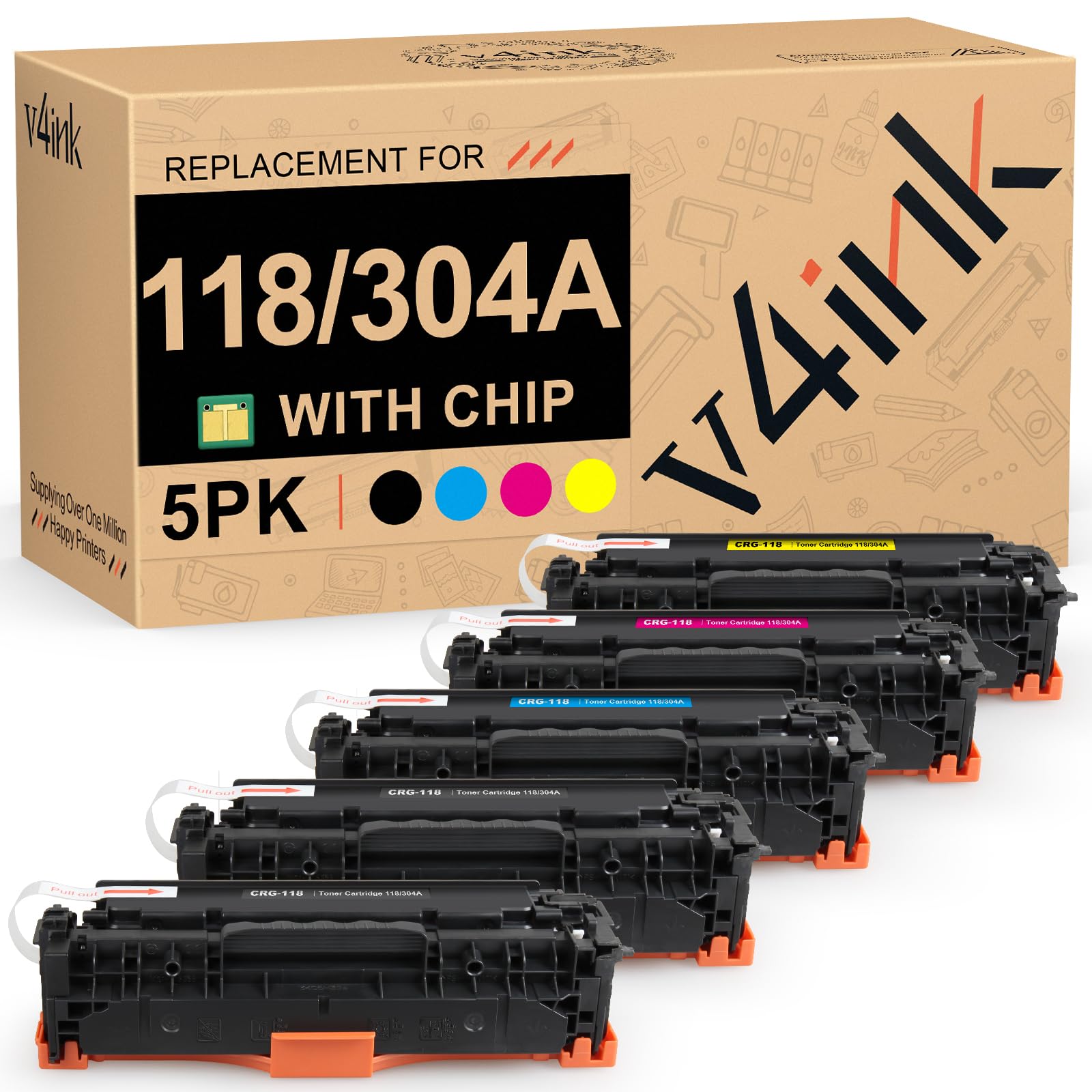 V4INK 5パック リサイクルトナーカートリッジ Canon 118 HP 304A CC530A トナー用 Canon ImageClass MF726Cdw MF8350CDN MF8580Cdw MF8380Cdw LBP7660Cdn プリンター 2 ブラック 1 シアン 1 マゼンタ 1 イエロー