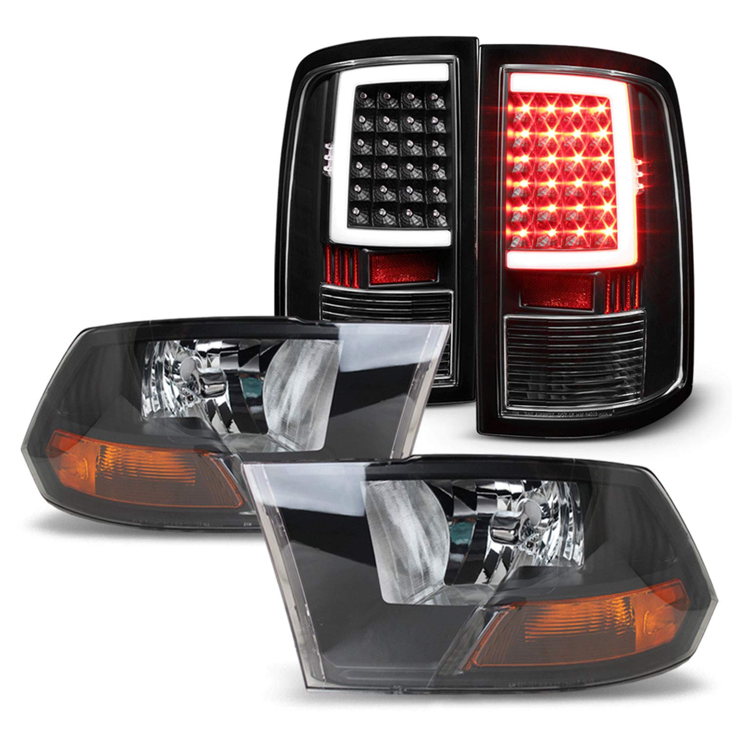RICOH - 2009-2018 Ram 1500 2010-2018 Ram 2500/3500 ブラックヘッドライト + Cライトバー LED ブラック テールブレーキライト 左右ペアに適合