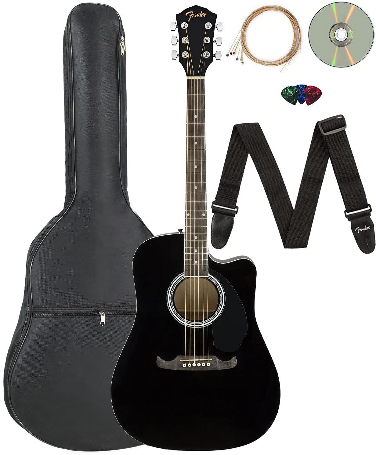 Fender FA-125CE ドレッドノートカッタウェイ アコースティック エレキギター - ブラックバンドル ギグバッグ ストラップ 弦 ピック フェンダープレイオンラインレッスン オースティンバザー教則DVD