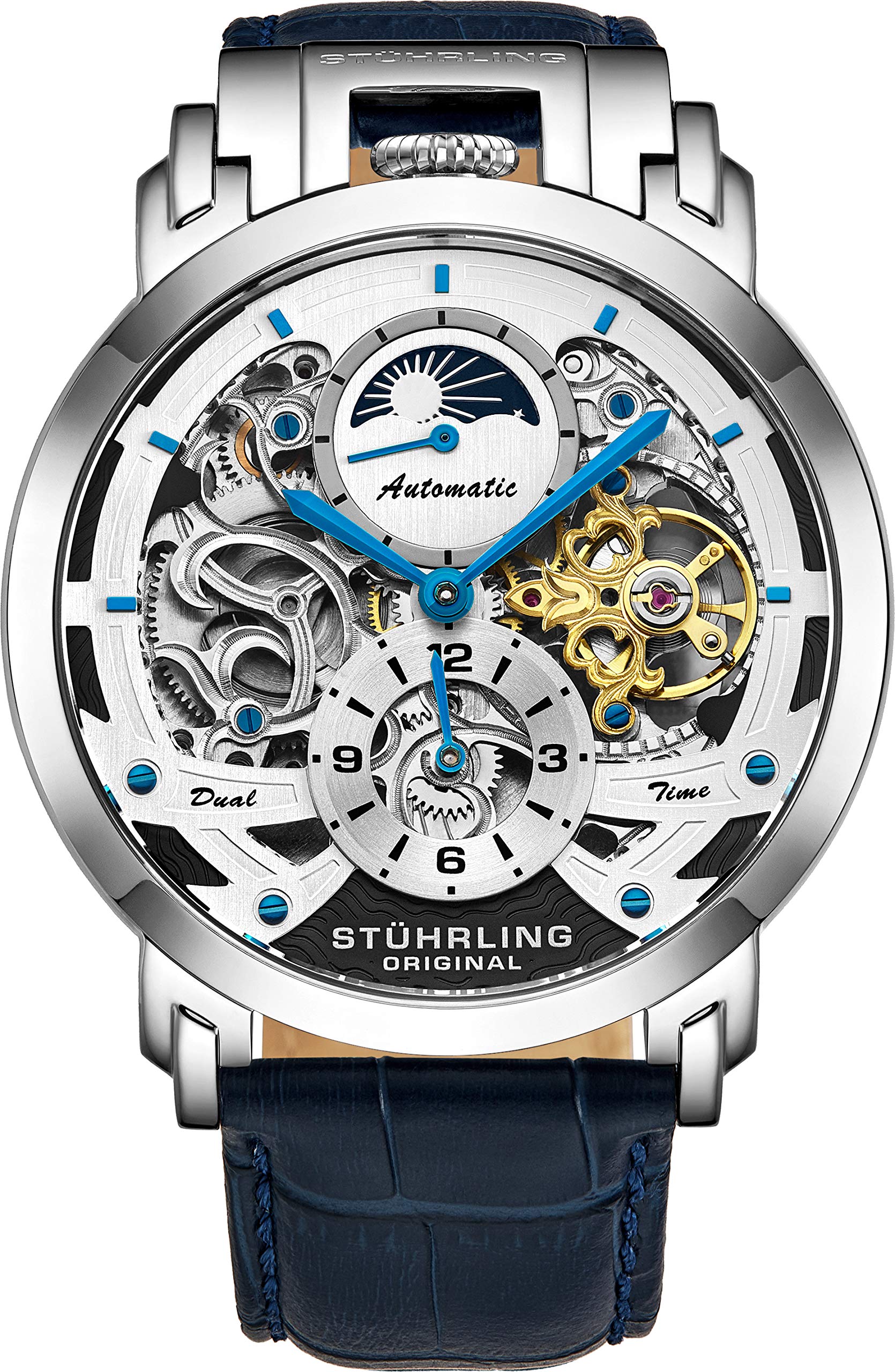 Stuhrling Orignal メンズ腕時計 自動巻き スケルトンウォッチ レザーラグジュアリードレスウォッチ 機械式腕時計 ステンレススチールケース 自動巻きアナログ腕時計 ブルー