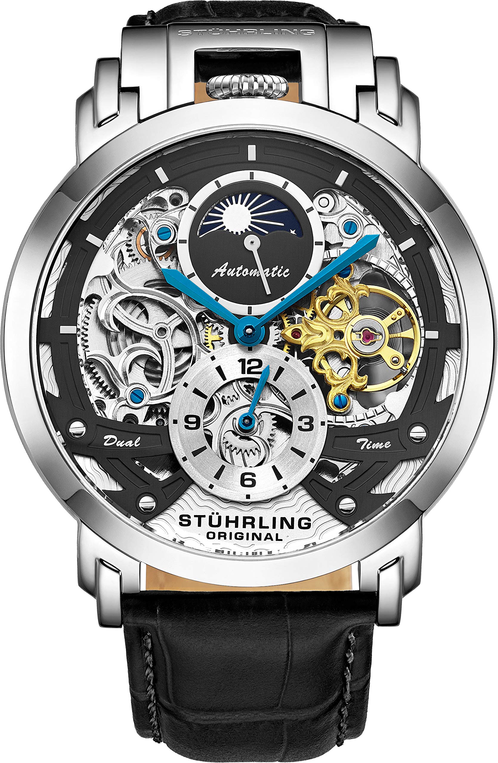 Stuhrling Orignal メンズウォッチ 自動腕時計 スケルトンウォッチ メンズ - レザー ラグジュアリー ドレスウォッチ - 機械式腕時計 ステンレススチールケース 自動巻きアナログ腕時計 男性用 ブラック アナログ腕時計、機械式、自動巻き腕時計。
