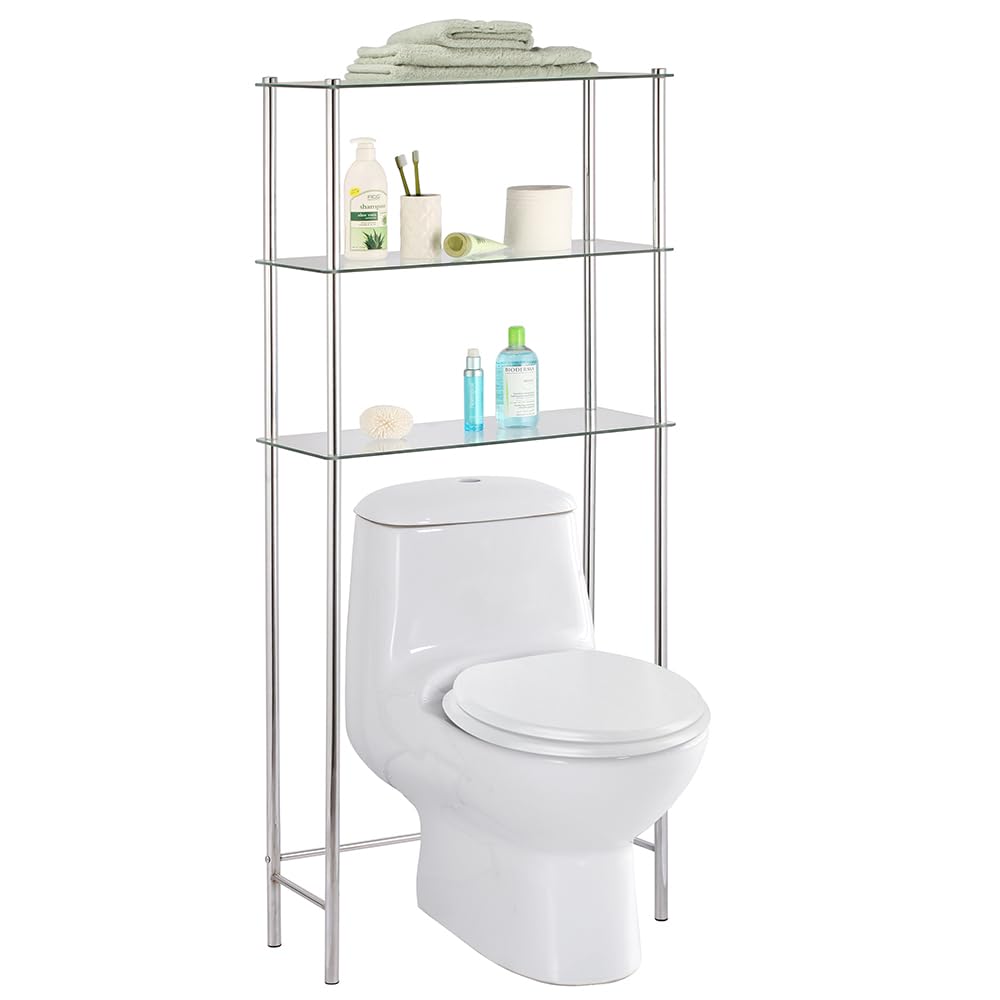 Home Basics (ホームベーシック) 3段棚 トイレスペースセーバー 強化ガラスシェルフ付き バスルームの収納と整理に クロム