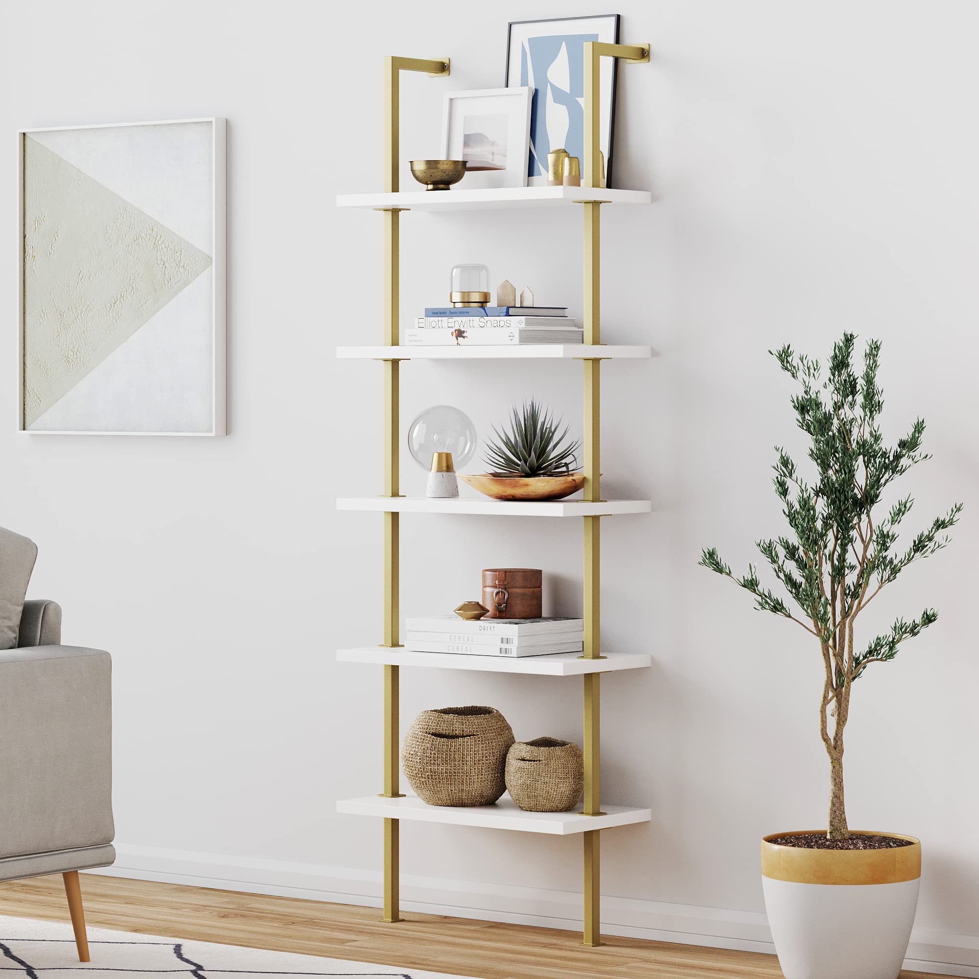 Nathan James Theo 5-Shelf Ladder Bookcase with Brass Metal Frame 5-Tier White/Gold