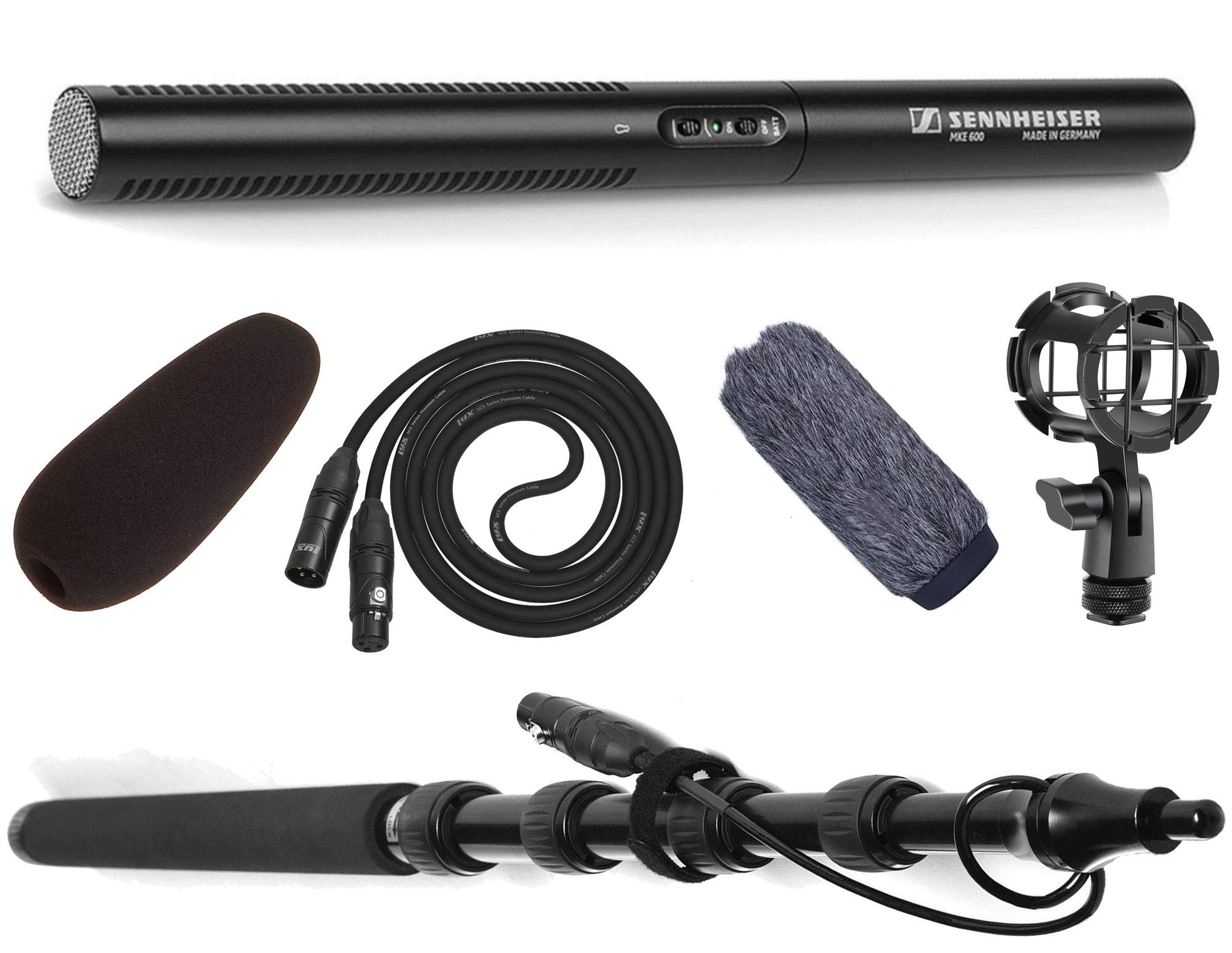 Sennheiser MKE 600 ビデオ、シネマ、ブロードキャストショットガンマイクコンプリートキット LyxPro Boompole、ショックマウント、ウィンドスクリーンバンドル付き