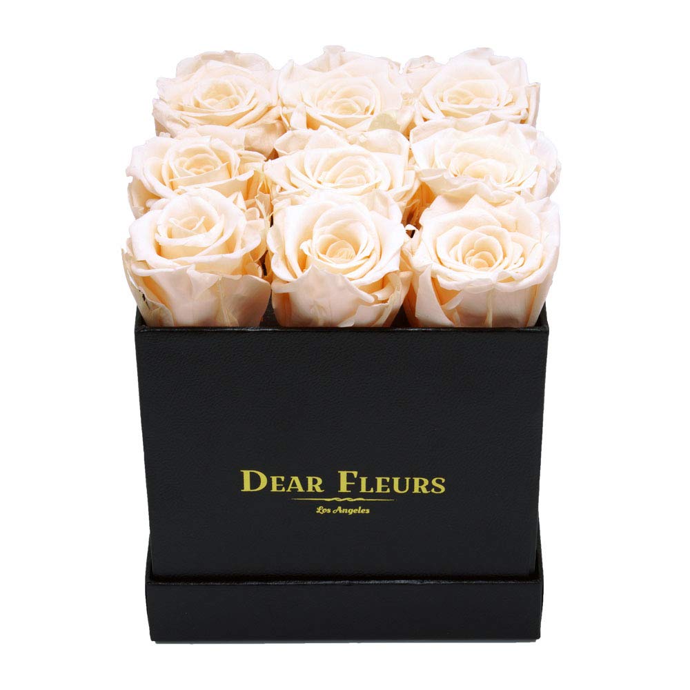 Dear Fleurs ロサンゼルス ノナローズ | 1年も続く本物のバラ | プリザーブドフラワー 箱入り (シャンパン、ブラックレザー仕上げボックス)