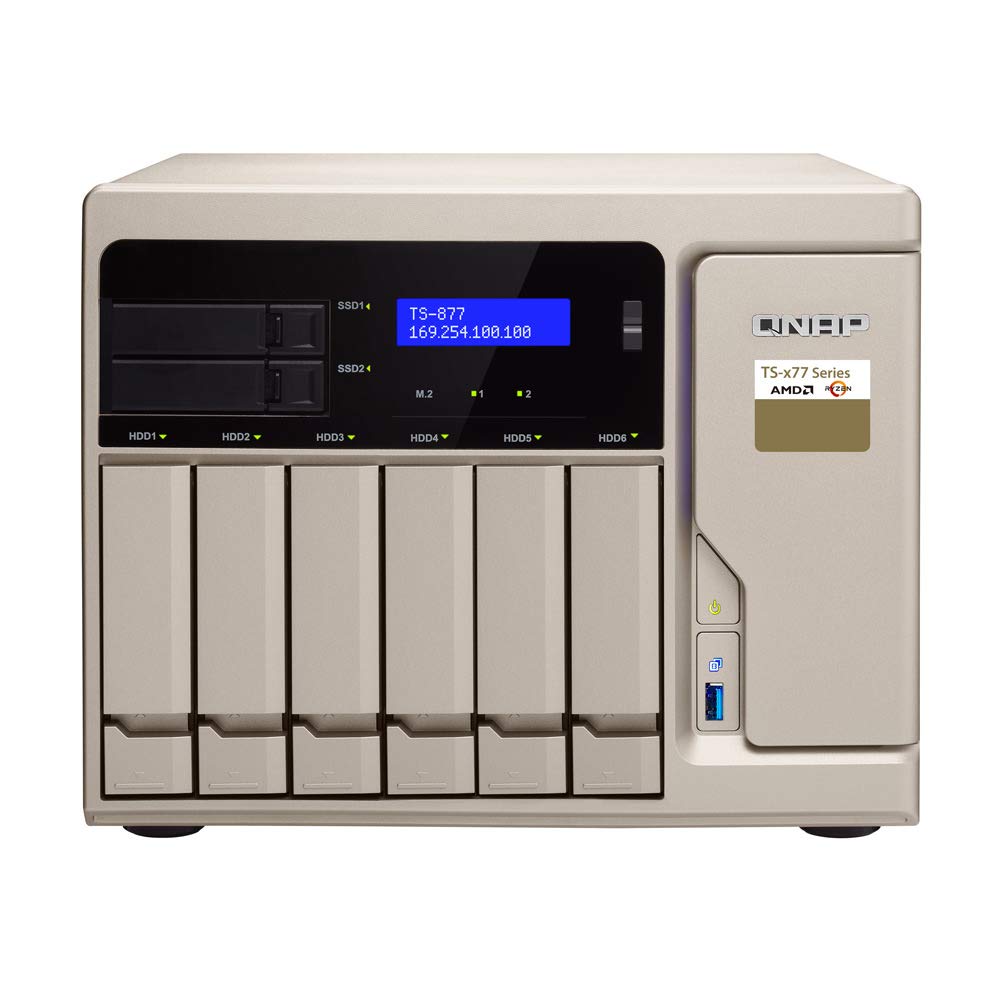 QNAP TS-877 NAS Server Including iSCSI Target Support AMD Ryzen 7 8 Core 3.0GHz CPU 32GB DDR4 RAM 1TB SSD 12TB HDD RAID QTS 4.3 Operating System