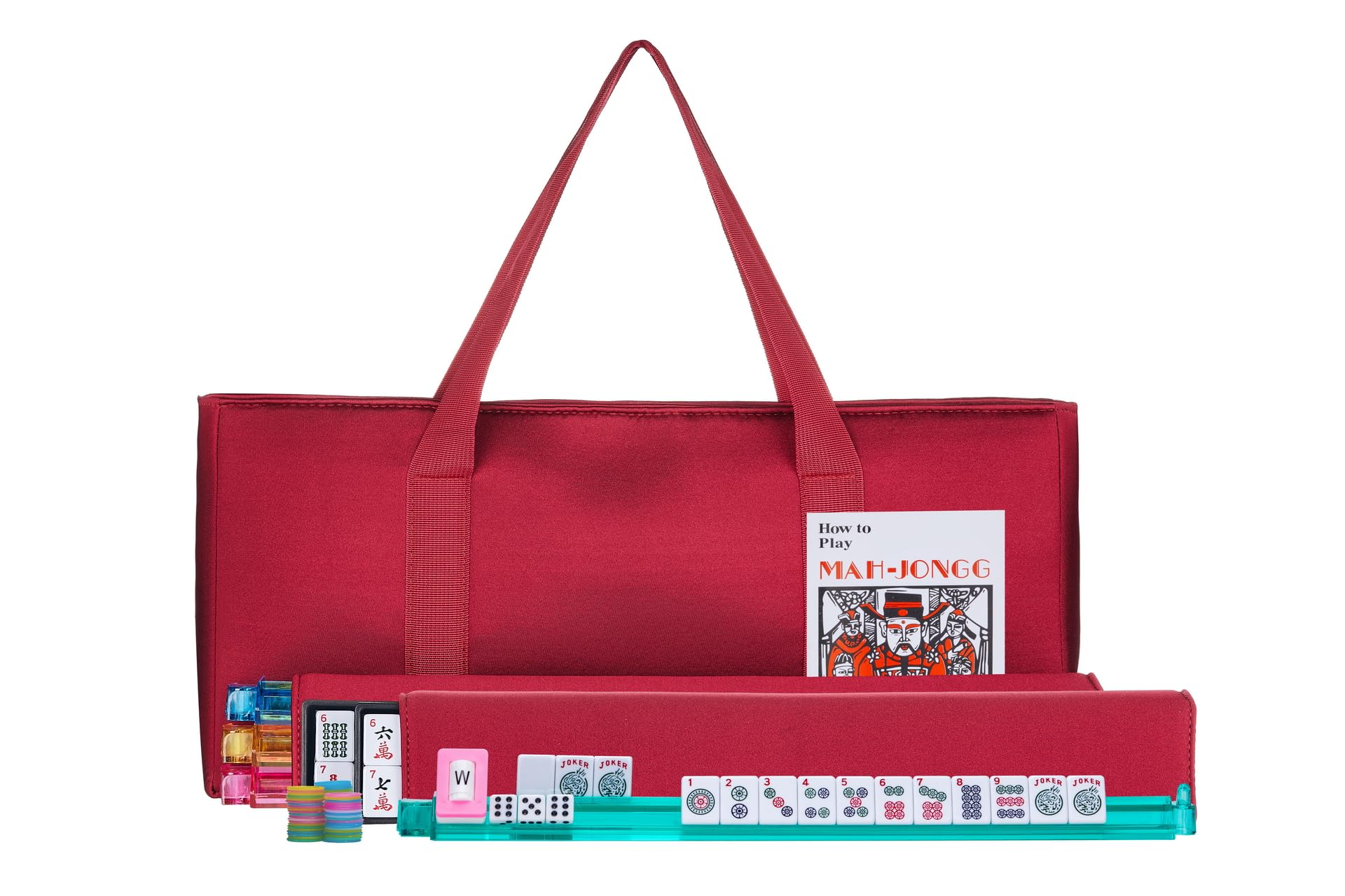 American Mahjong セット - レッドバーガンディソフトバッグ - 166 ホワイト刻印タイル オールインワンラック/プッシャーズ ウェスタン 麻雀ゲームセット