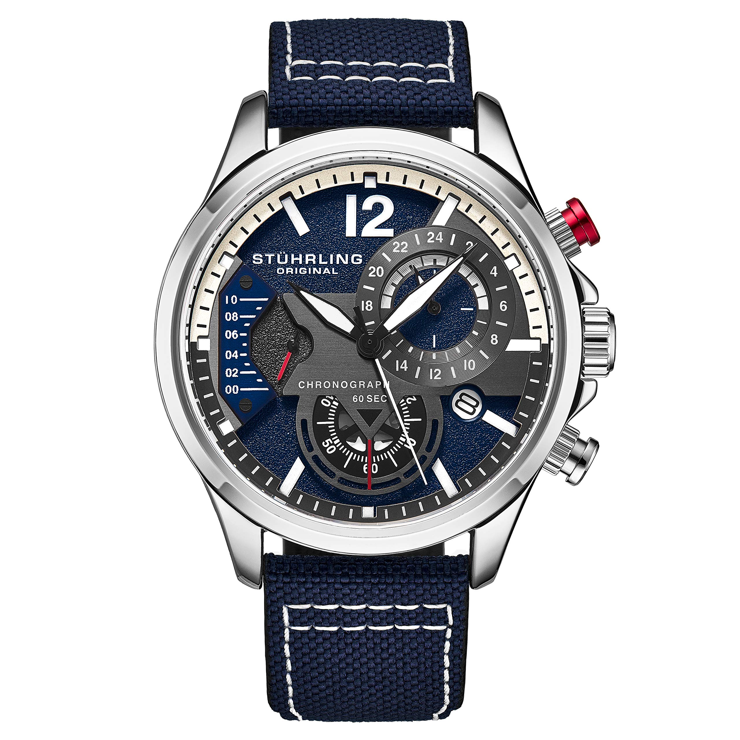 STUHRLING オリジナルメンズドレスウォッチ ? アビエーターウォッチ レザーバンドウォッチ メンズ 日付 24時間サブダイアル クロノグラフ スポーツウォッチ ブルー バンディット