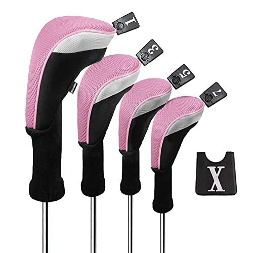 Andux ゴルフクラブヘッドカバー ゴルフ ウッドドライバー ヘッドカバー 4個セット 460cc対応 MT/MG30 (ピンク)