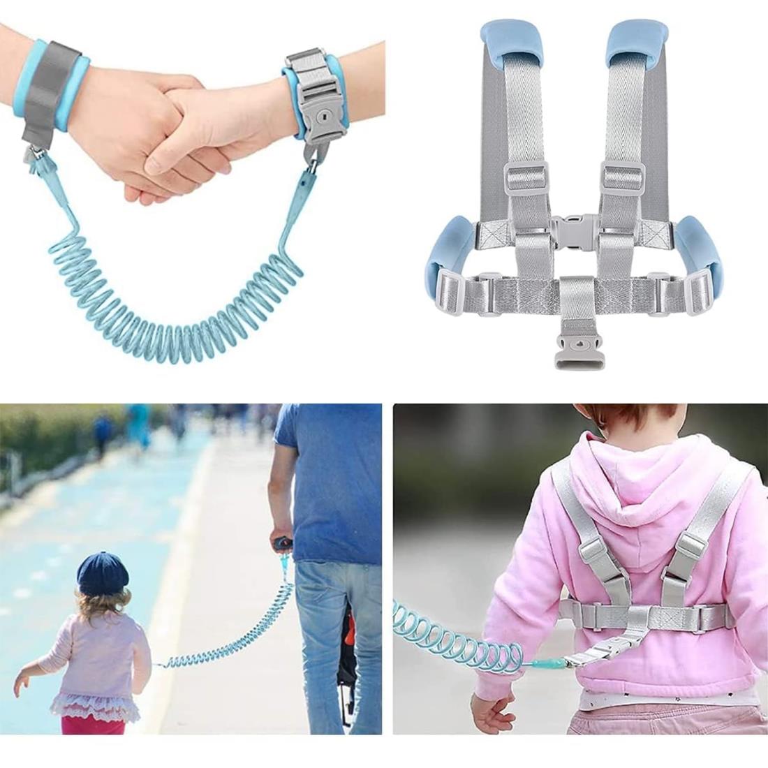 [MEFFEE] ハーネス 子供 安心の 迷子防止 子供用ハーネス 迷子防止紐 セーフティーハーネス 1.5m 360度回転 反射材入り ロック付き 伸縮可能 安全 事故防止 迷子対策 手首 ハーネス セット (ブルー セット)