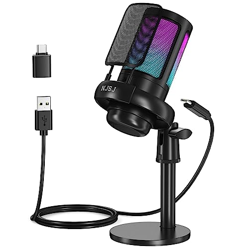 NJSJ USB コンデンサーマイク ブラック PC 簡単操作 配信用マイク ゲーミング