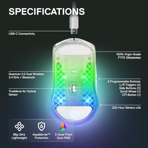 SteelSeries ゲーミングマウス 無線 Aerox 3 Wireless Ghost 超軽量 TRUEMOVE AIRセンサー搭載 Quantum Wireless 2.0テクノロジー IP54規格 防水 防塵