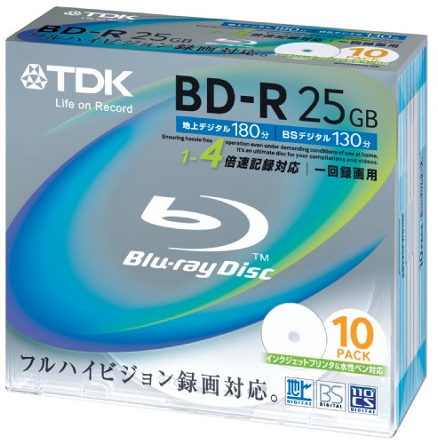 TDK 録画用ブルーレイディスク BD-R 25GB 1-4倍速 ホワイトワイドプリンタブル 10枚パック BRV25PWB10K