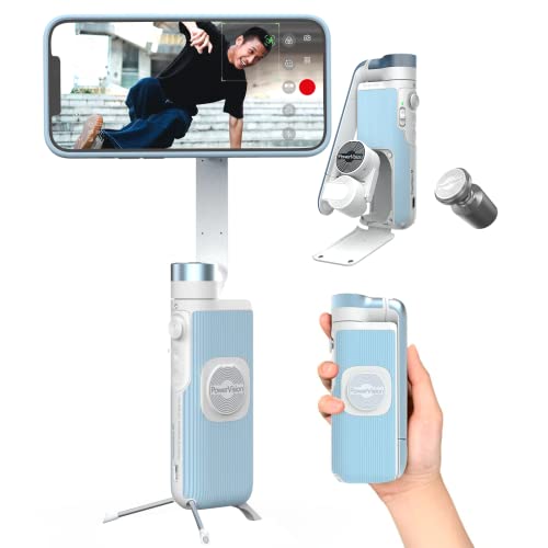 PowerVision スマートフォン用ジンバルカメラ - 3軸ジンバル・防振機能・AI追尾・スマホ撮影アイテム・スマホ用カメラジンバル・便利な無線充電・人物認識・手モーション操作・Vlog・YouTube・TikTokに最適（コンボセット版，ブルー）