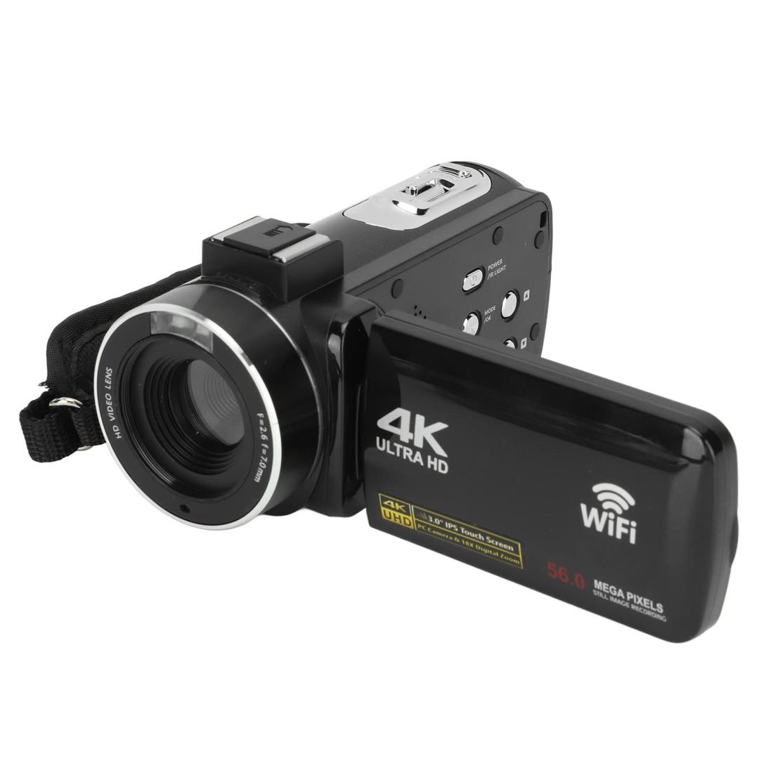 ASHATA ビデオカメラビデオカメラ、HDビデオ録画ハンディカムビデオカメラ、WiFiデジタルカメラレコーダー、4K 56MP 3.0インチ回転IPSスクリーン18Xズームビデオカメラ