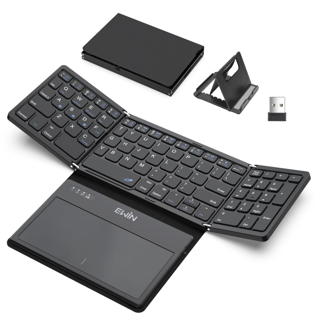 EWiN キーボード ワイヤレス 折り畳み bluetoothとusb無線両対応 大きいトラックパッドとテンキー付き フルサイズ ブルートゥース keyboard 4台までのデバイスと接続可能 ios mac win android対応 英語配列 アイパッド ipad iphone パソコン タブレット スマホ スタンド付き
