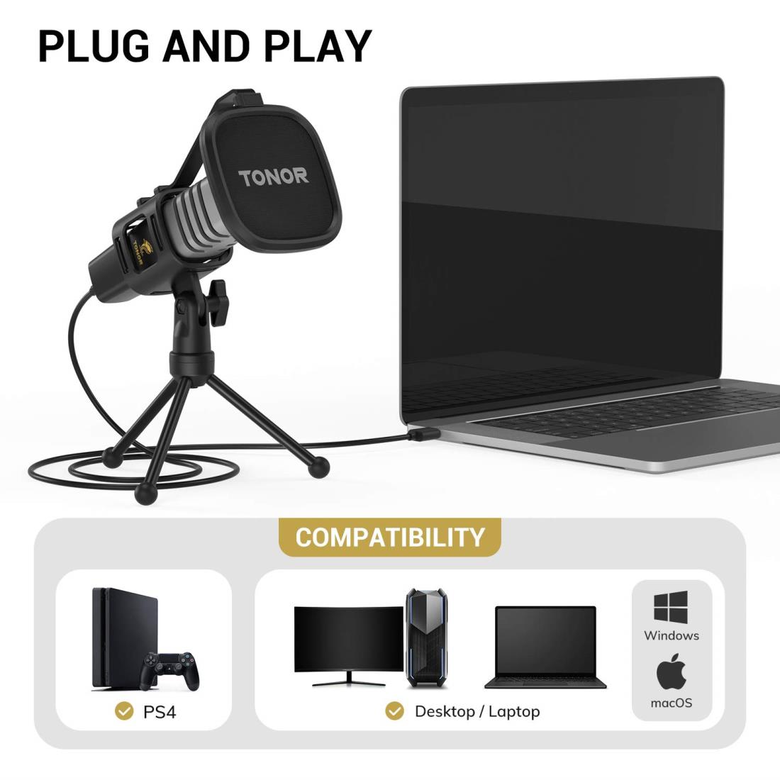 TONOR USBマイク、心円指向性コンデンサーコンピュータPCマイク、三脚スタンド、ポップフィルター、ショックマウント付き、ゲーム、ストリーミング、ポッドキャスティング、YouTube、Twitch、Discordに対応、ラップトップ、デスクトップと互換性あり、TC30