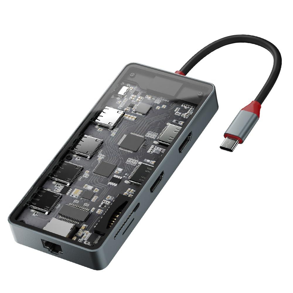エアリア TypeC接続 多機能マルチアダプター 内部が見えるシースルー構造 HDMI 複製 2ポート USB3.0 SDカードリーダー MicroSDカードリーダー PD 100W対応 Gigabit LAN SD-CMULTI05