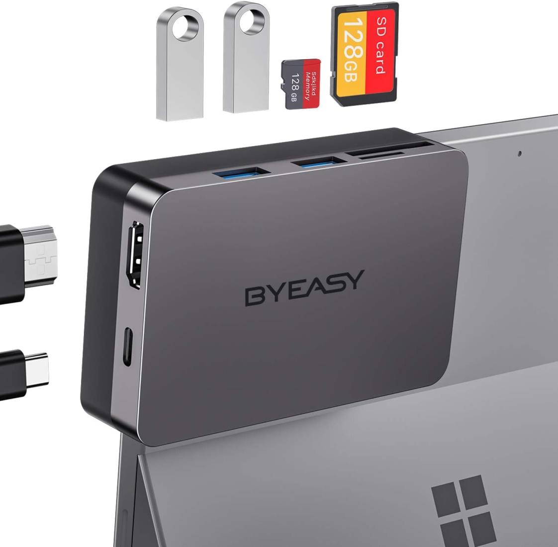 BYEASY typec hdmi ハブ Surface Pro 7ドッキングステーション 4K HDMI、60W USB-C PD充電、SD/TFカードリーダー、2 USB3.0を備えたMicrosoftSurface Pro 7アクセサリ-Surface Pro7専用にカスタマイズされた曲げ角度設計