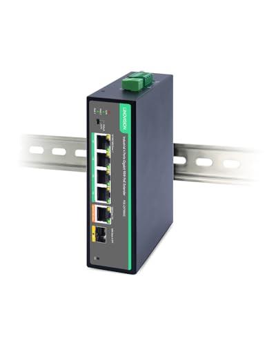 LINOVISION 産業用 4 ポート ギガビット BT90W PoE パススルー スイッチおよび PoE エクステンダー、IEEE802.3af/at/bt、オプションの DC 電源、SFP ポート、DIN レール PoE 受電スイッチ サポート 820 フィート長距離 PoE
