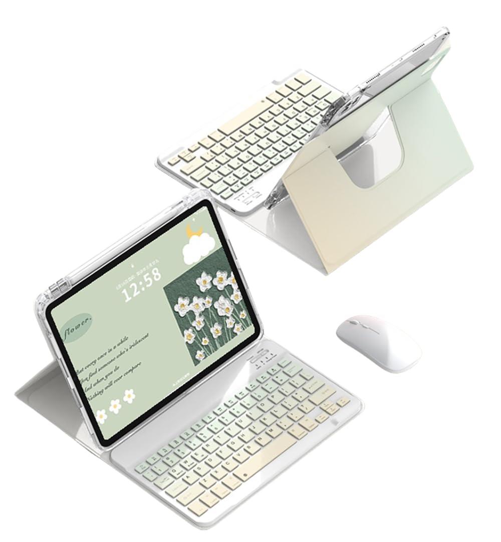 360度回転 iPad 10.2キーボード ケース マウス付き グラデーションカラーキーボード iPad 第9世代 8世代 7世代 10.2インチケース キーボード付きマグネット分離式 透明 クリア 背面カバー 縦置き 横置きスタンド ペン収納 (黄+緑, iPad 10.2（iPad7/8/9）)