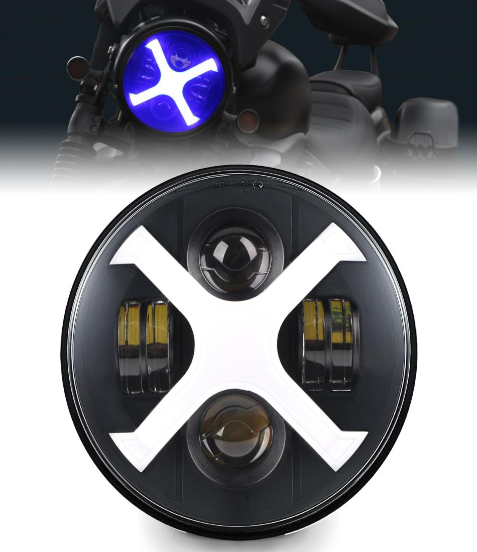 HENGTUAOTO 7インチ LED X-スタイルオートバイヘッドライト ホワイト/ブルーDRL ストリートグライド、ソフテイルヘリテージ、ロードキング、エレクトラグライドに対応