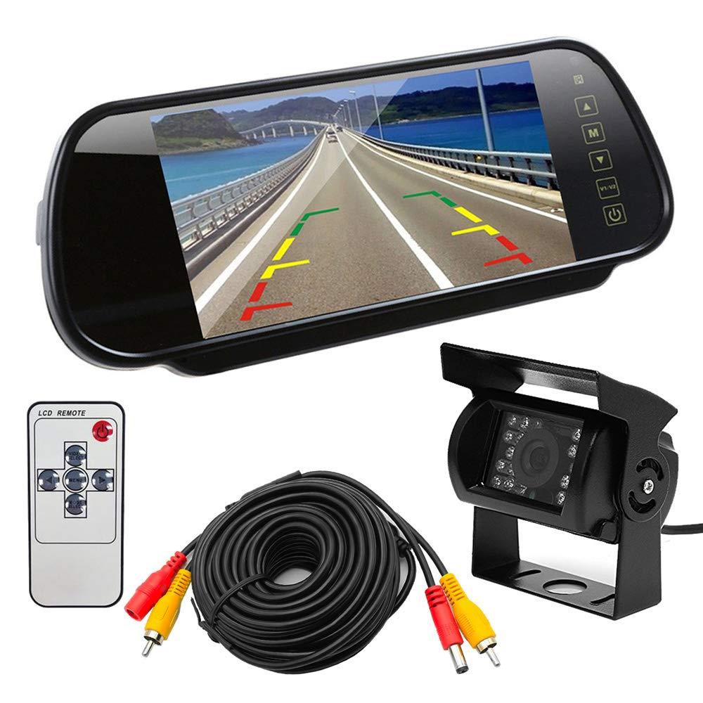 origin 重機 バス トラック 対応 バックカメラ セット 12-24V 対応 7インチ 高輝度 ルームミラー 搭載 20mケーブル付き 防水 赤外線 ナイトビジョン カメラ ガイドライン 表示 あり RM71SET