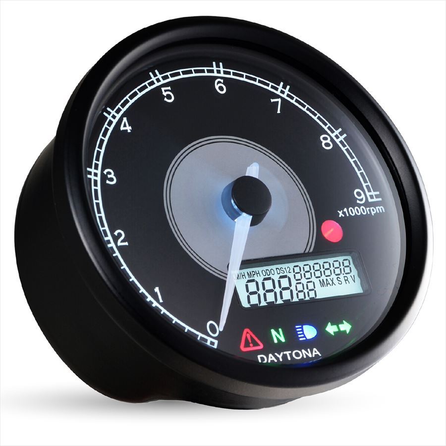 DAYTONA(デイトナ) 【4909449641422】 48140 VELONA(ヴェローナ) バイク用 電気式 タコメーター 液晶スピードメーター付き インジケーター 電圧計 ブラックボディ/ホワイトLED φ80 9000rpm表示