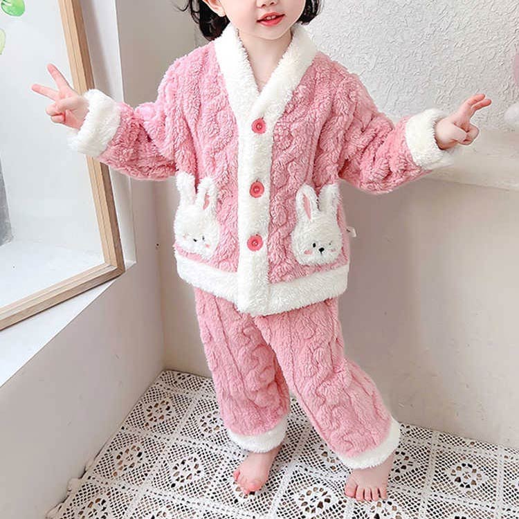 キッズ 子ども フリース 可愛い 兎柄 冬 もこもこ ふわふわ パジャマ 前開き 女の子 子どもパジャマ あったか おしゃれ 送料無料 冬 子どもルームウエア ベビー 子供 前開き 長袖 うさぎ柄 裏起毛 厚手 上下セット 寝巻き 部屋着 幼稚園 保育所