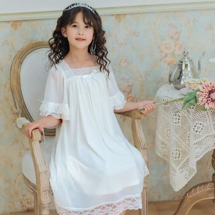 キッズ パジャマ 女の子 半袖 ルームウェア ワンピース ロング丈 女の子 子供 レース ドレス プリンセス パジャマ 姫系パジャマ 春 夏 ルームワンピース 部屋着 寝間着 ナイトドレス 保育園 女児 子供服 子ども服 ジュニア 誕生日 プレゼント 春夏 夏 送料無料